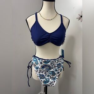 CUPSHE Women's Swimsuit Navy Blue Paisley Women's Bikini Set 2 Piece Lace Up M